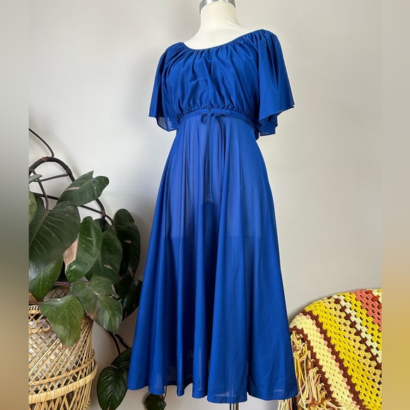 Vintage 70’s Young Edwardian Royal Blue Angel Sleeve Sheer Midi Dress - Picture 2 of 14
